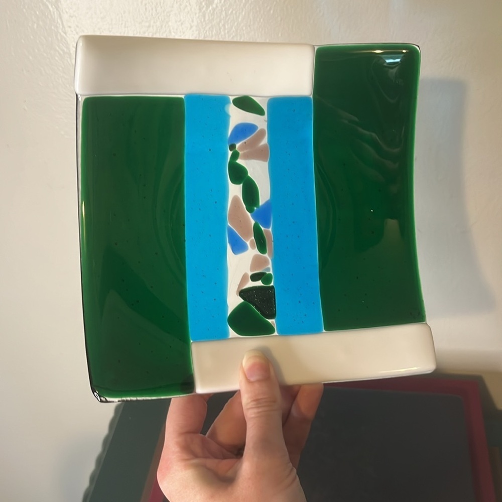 Handmade Fused Glass Geometric Shapes‎ with Sea Glass Design Center Curved Plate